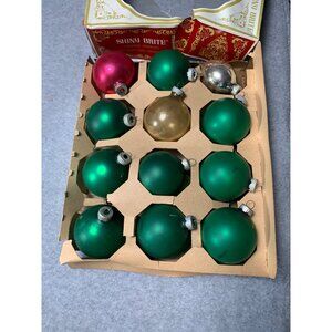 Vintage Shiny Brite Glass Christmas Ornaments Original Box - Green Gold Red - Se
